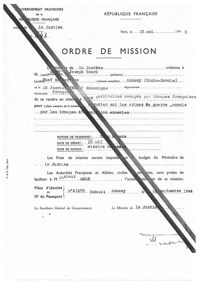 Ordre de mission du Ministère de la Justice pour Joseph Amar